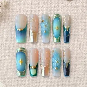 New arrival｜Divineluxe Nails｜10PCS 100% Handmade Press-On Nails｜Reusable Colorful Art Acrylic Stylish｜Ocean Blue Gradient 3D Flower｜D206 1.3 Inch