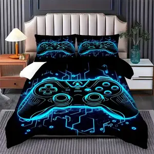 3-Piece Game Controller Print Bedding Set, 1 Fitted Sheet + 2 Pillowcases, Polyester Material, Modern Home Bedroom Decor