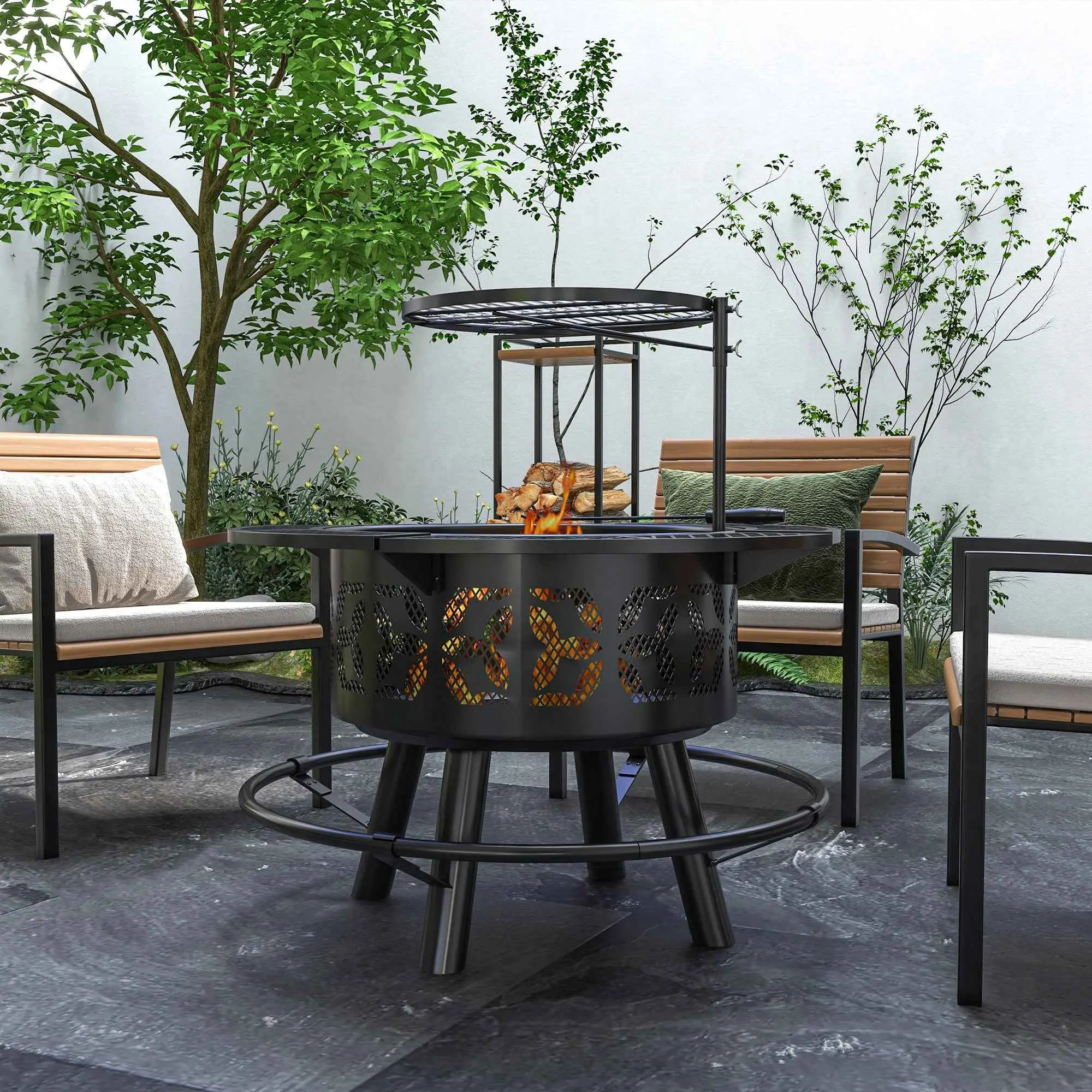 Wood Burning Fire Pit - Multifunctional Charcoal BBQ Grill & Portable Firepit