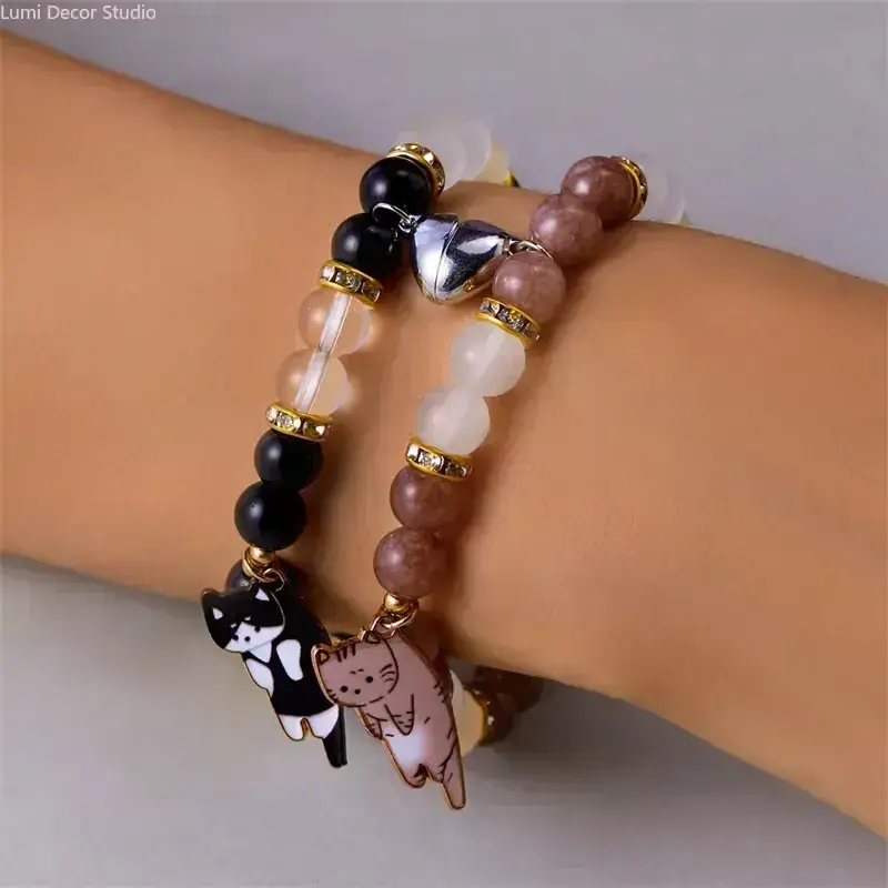 Sports & Outdoor Accessory Couple Charm Bracelets Set (2-Pcs) - Magnetic Heart, Cute Cat Accents, Stretchable Elastic, Black Onyx, White Jade Beads, Crystal Details, Gemstone, Anniversary, Gift-Ready, Jade Bracelet