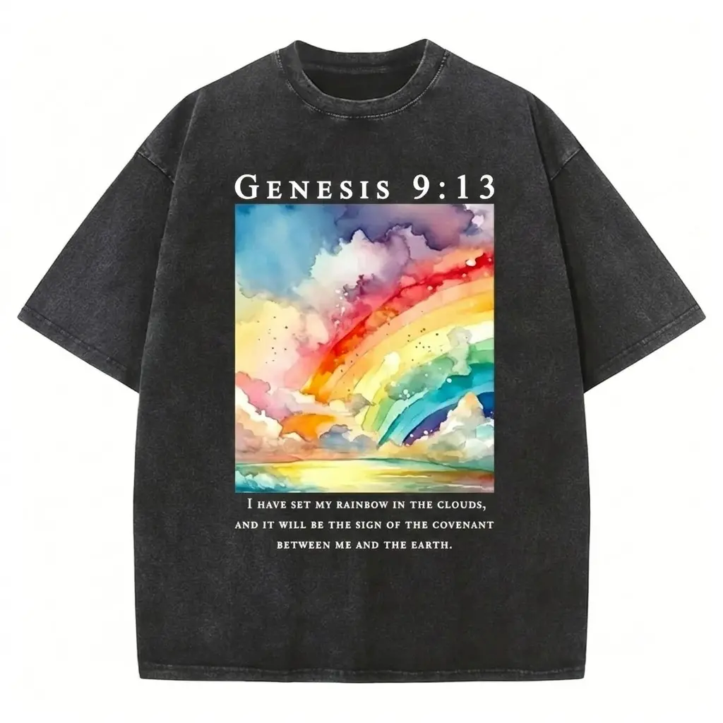 Genesis 9 13 Rainbow In The Clouds Watercolor Graphic Tee Mens Oversized Vintage Washed T Shirt Heavyweight Cotton Christian Streetwear Faith Based Apparel Religious Gift Retro Y2K Casual Summer Tops Trending Tiktok Viral Unisex Outfit Seamless Menswear