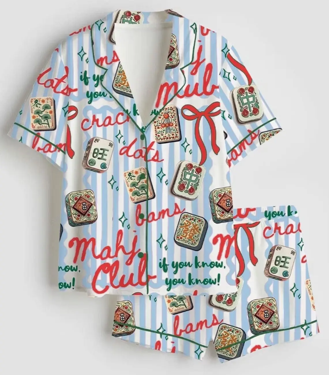 Women’s Cracks Dots Bams Mahjong Short Sleeve Silky Satin Pajama Set