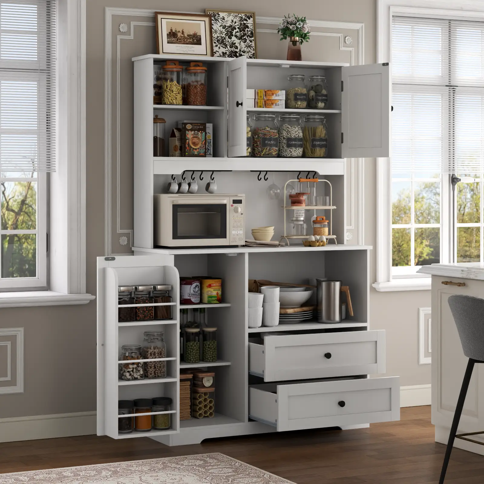 64" Tall Kitchen Pantry Storage Cabinet with Microwave Stand, Freestanding Kitchen Hutch Cabinet with Storage, Cupboard Cabinet for Kitchen, Living Ro