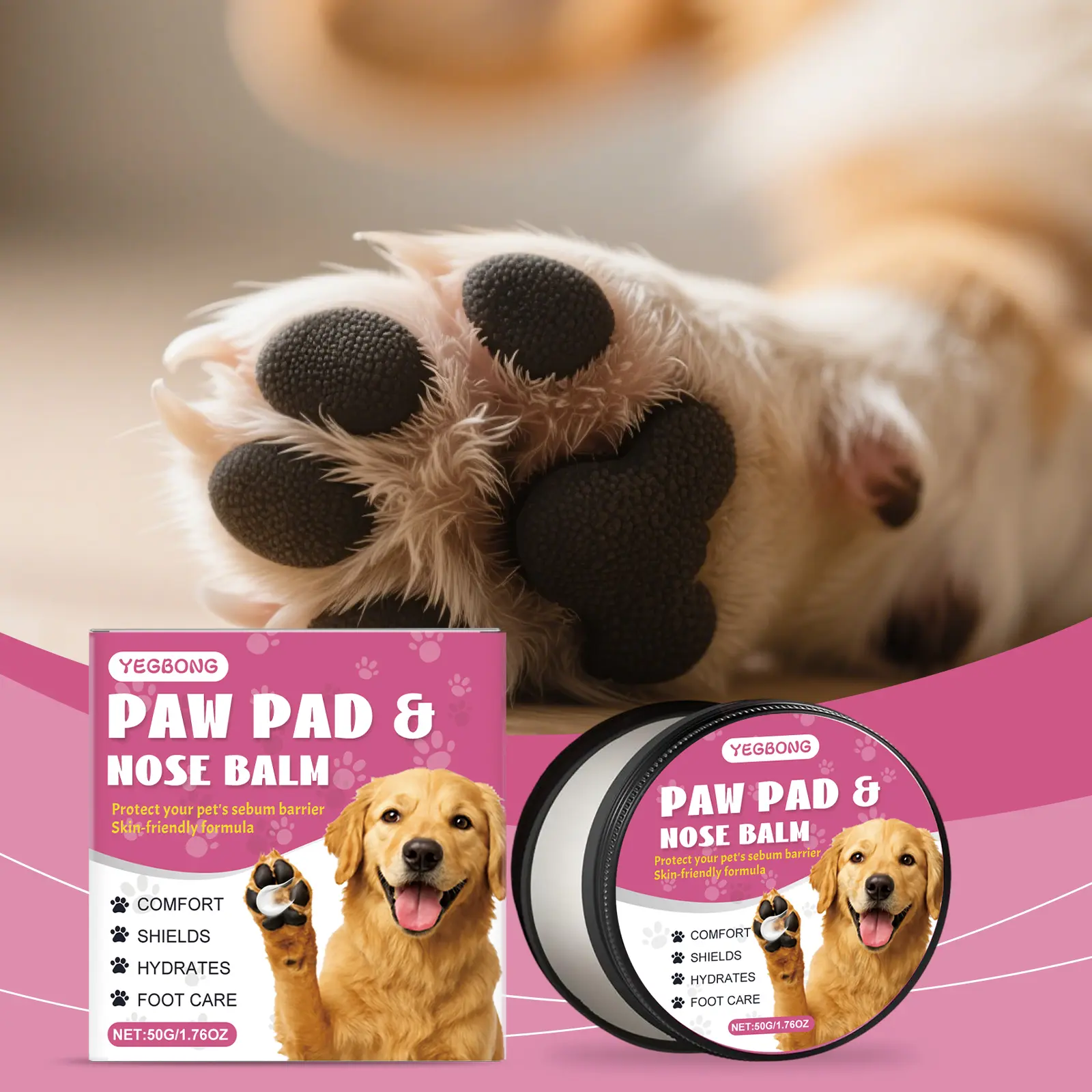 Yegbong Pet Paw & Nose Balm for Dogs & Cats - 50g Natural Moisturizing Cream, Lick-Safe Ointment for Cracked Dry Pad Repair, Seasonal Protection, Dog Nail Trimmer Accessory