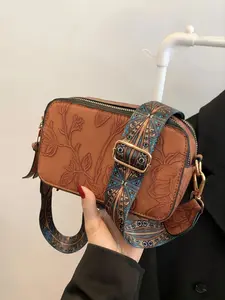 Small Square Shoulder Bag, Women's Ethnic Floral Crossbody Shoulder Bag, Casual Fashion Camera Bag with Wide Strap, All-Season Small Square Handbag Floral Embossed Satchel