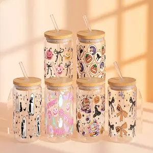 Halloween 16oz Glass Can Cup with Lid & Plastic and Glass Straws, Spooky Season Reusable Tumbler