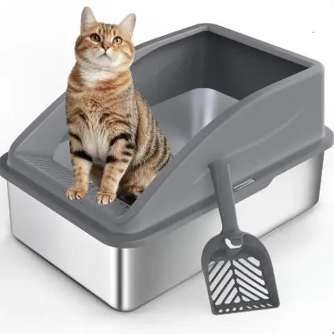 Enclosed Litter Box Enclosure (Multiple Sizes, Including XL) - 10in Walls Contain Litter, 23.2in Length for Turning, 37L Capacity, Anti-Leakage, Easy-Clean Non-Stick Steel, Free Scoop, Cat Pet Supply Accessory