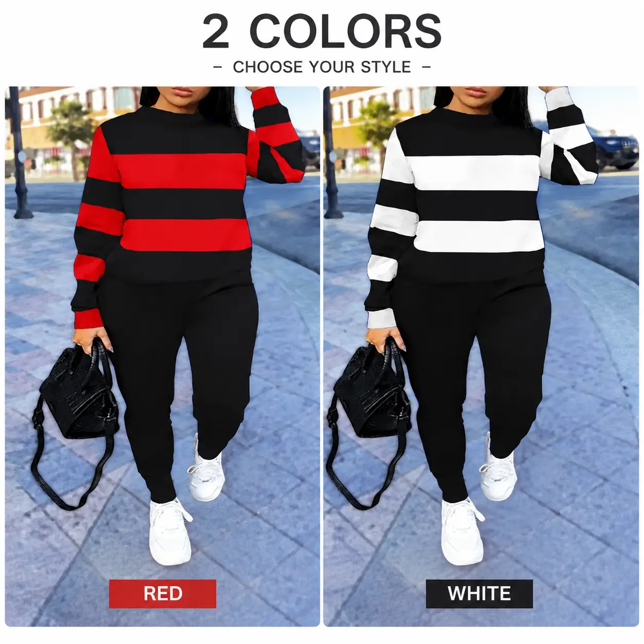 Women's 2-Piece Crew Neck Long Sleeve Polyester Sweatshirt Tracksuit - Contrast Stripes Top, Matching Activewear Pants, Plus Sizes, Autumn Winter Comfortable Outdoor Loungewear (Sporty Sports Clothing Sets), Plus Size Fashion, Long Sleeve Shirt