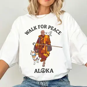 TLXT Peace Walking Monk & Aloka Dog Minimalist Zen Art Shirt - Relaxed Fit Comfort Colors Tee, Vintage Pigment Dyed Faded T-Shirt for Peaceful Meditation Walks, Unisex Soft Cotton Oversized Aesthetic Wear