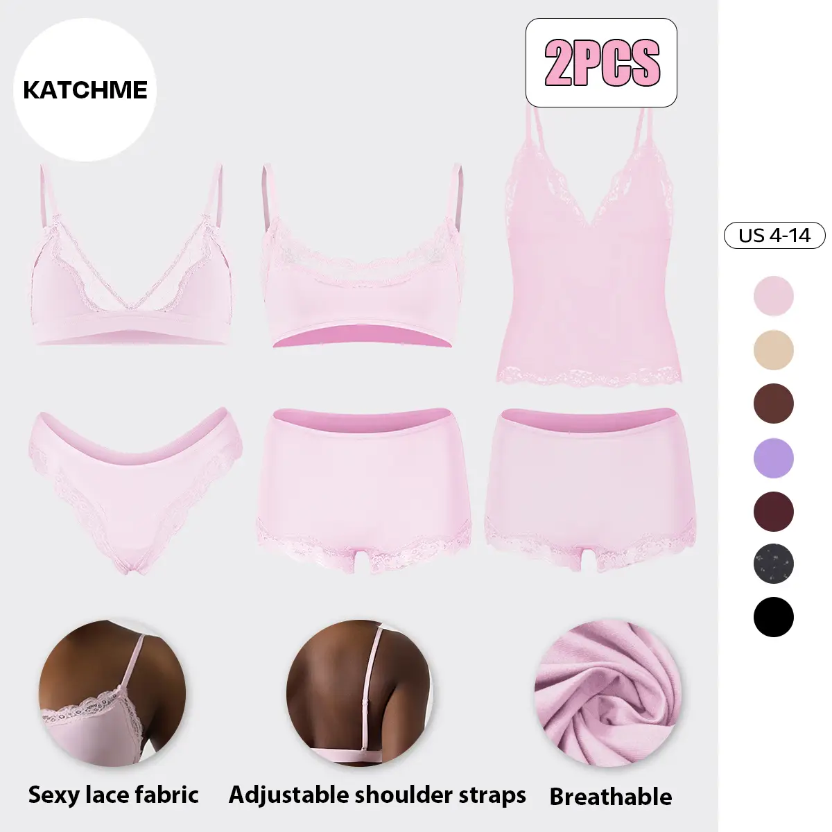 KatchMe Women's Sexy Lace Series Spaghetti Strap Lace Trim Wirefree Breathable Bralette & Panties Set, Basic Underwear Set