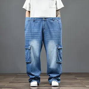 Plus Size Elastic Waist Stretch Cargo Denim Jeans 4XL-9XL for Men