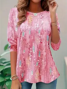 【Plus Size】 All Over Print Floral Fitted Long Sleeve Tee, Elegant Casual Round Neck T-shirt Top for Summer, Women's Plus Clothing for Daily Wear