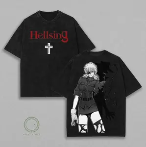 Seras Victoria tshirt, LIMITED EDITION ALUCARD HELLSING HAND SIGNS Anime Double Printed Oversize Lightweight Acid Washed Tee, Gift For anime lover – Unique US fan apparel, cozy vintage-style for dark