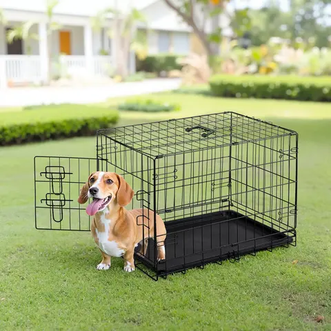 Sweetcrispy Foldable Lockable Iron Frame Dog Crate - Wire Metal Kennel with Left Door, Secure Heavy Latch, Removable Tray for Easy Cleaning, Grid Mesh, Fold-Flat Collapsible Design, Durable Metal Construction for Small/Medium Dog Training, Travel