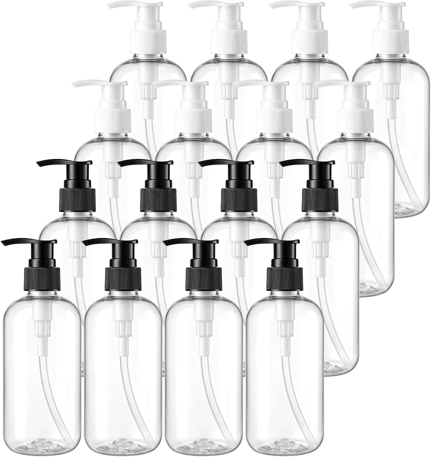 16 Pack Empty Plastic Pump Bottles Dispenser, 8oz/240ml Clear Pump Bottle Dispenser, Portable Refillable Container for Hand Soap Lotion Shampoo Conditioner Essential Oil Liquid