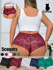 【Plus Size】 Solid Color Floral Lace Boyshorts, Soft Comfy Breathable Panty, Trim Lace Panty for Daily Wear, Women's Underwear for All Seasons, Soft Breathable Panties
