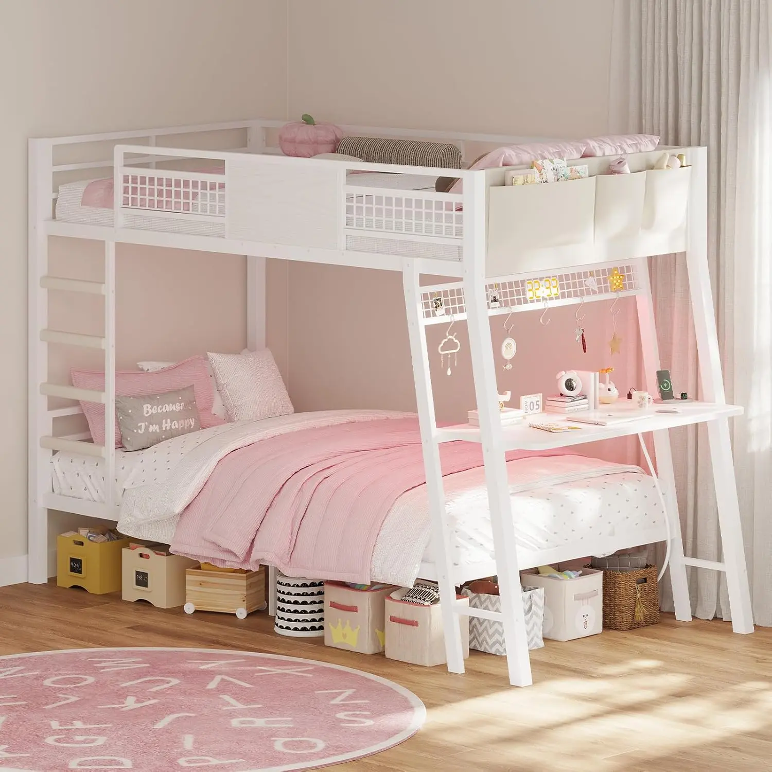 HAUOMS Bunk Bed for Small Space, Twin Over Twin Bunk Beds with Desk, Power Outlets, RGB LED Lights, Storage, Metal Beds with Safety Guardrail & Ladders