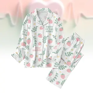 Boho Christian Strawberry Pajamas Set for women, Fruits of the Spirit Womens Pajamas, Retro Jesus Pajama Set Women