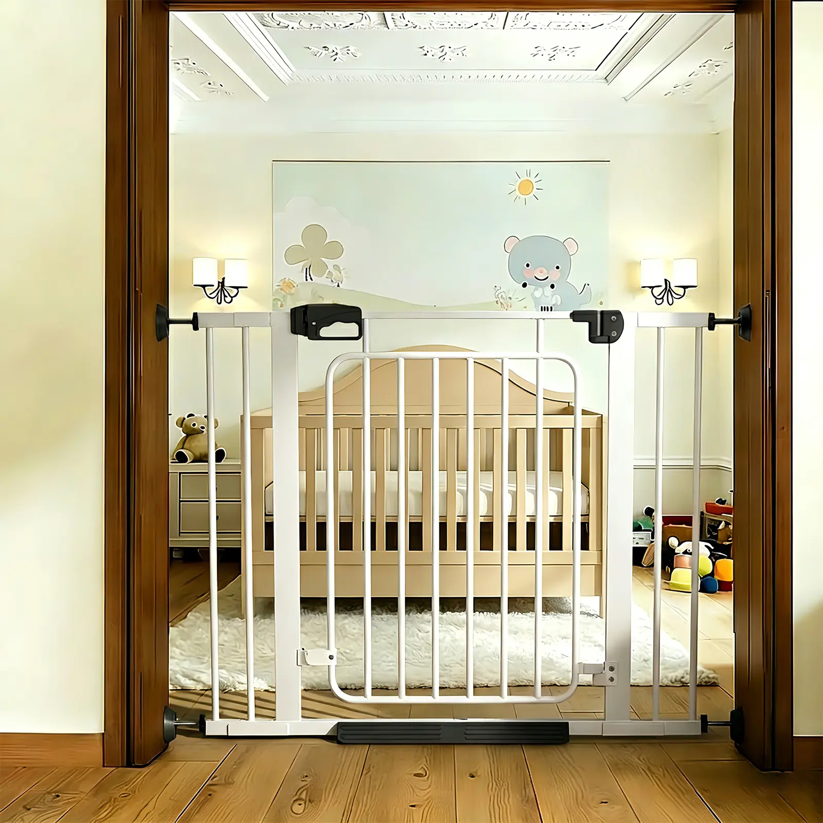 Flycity  Baby Extra Wide Baby Gate for Doorways,Auto Close Safety Gates for Bedroom, Fits 29.6 Inch to 42.5 Inch with Pressure Mounted Extention Kit, Easy Walk Thru Child Safety, White