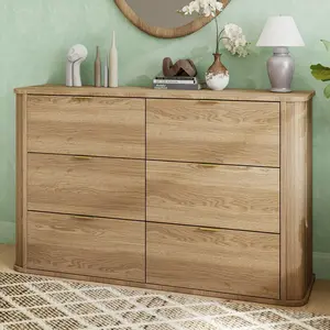 Fluted 6 Drawer Dresser for Bedroom, Modern Wood Chest of Drawers with Metal Handles, Wooden Dresser TV Stand, Wide Closet Clothes Storage Organizer for Living Room, Hallway, Nursery