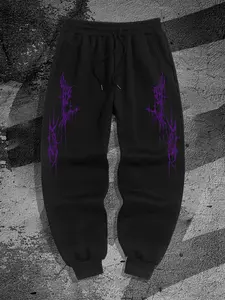 Men's Gothic Style Purple Print Side Stripe Sweatpants, Regular Fit Casual Jogger Pants for Spring & Fall, Fashion Men's Bottoms for Daily Wear, Casual Sports Trousers
