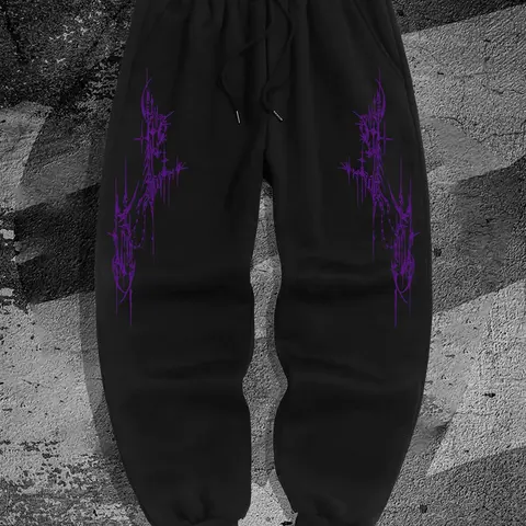 Men's Gothic Style Purple Print Side Stripe Sweatpants, Regular Fit Casual Jogger Pants for Spring & Fall, Fashion Men's Bottoms for Daily Wear, Casual Sports Trousers, Sports Jogging Pants