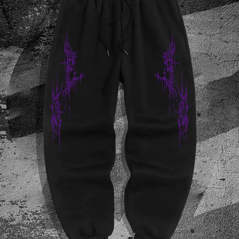 Men's Gothic Style Purple Print Side Stripe Sweatpants, Regular Fit Casual Jogger Pants for Spring & Fall, Fashion Men's Bottoms for Daily Wear, Casual Sports Trousers, Sports Jogging Pants