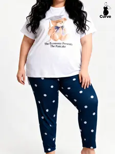Plus Size Casual Women's Sleepwear Pajama Loungewear Set, Summer Loose Comfortable Print Short Sleeve T-Shirt & Jogger Pants 2 Piece Set Pjs Womenswear Stylish Sleepwear