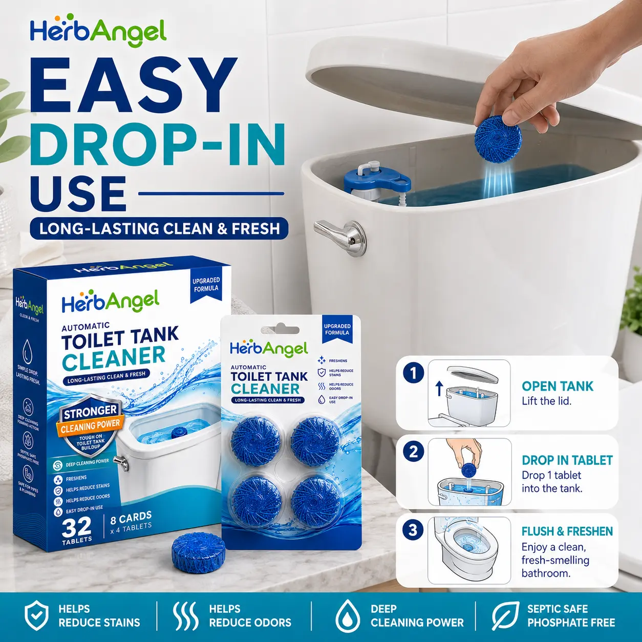 8/16/24/32 Count Automatic Toilet Tank Cleaner Tablets, Strong Blue Drop-In Cleaning Blocks For Toilet Bowl Care, Helps Reduce Stains, Mineral Buildup And Odors, Long-Lasting Freshness, Easy-Use Bathroom Cleaning Supplies For Home, Hotel & RV Toilets