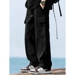 Men's solid color mid-waist drawstring, side pocket design, loose straight leg casual pants, functional cool and handsome outdoor mountaineering pants, versatile sports work pants