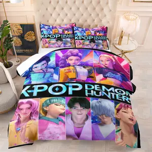 K-Pop Anime Idol Group Printed Comforter Set, Includes Filled Blanket and Pillowcases, Boy Band & Girl Group Integrated Into Neon Gradient, Soft Fabric, Comfortable Bedding for Home Decoration, Gift for Fans