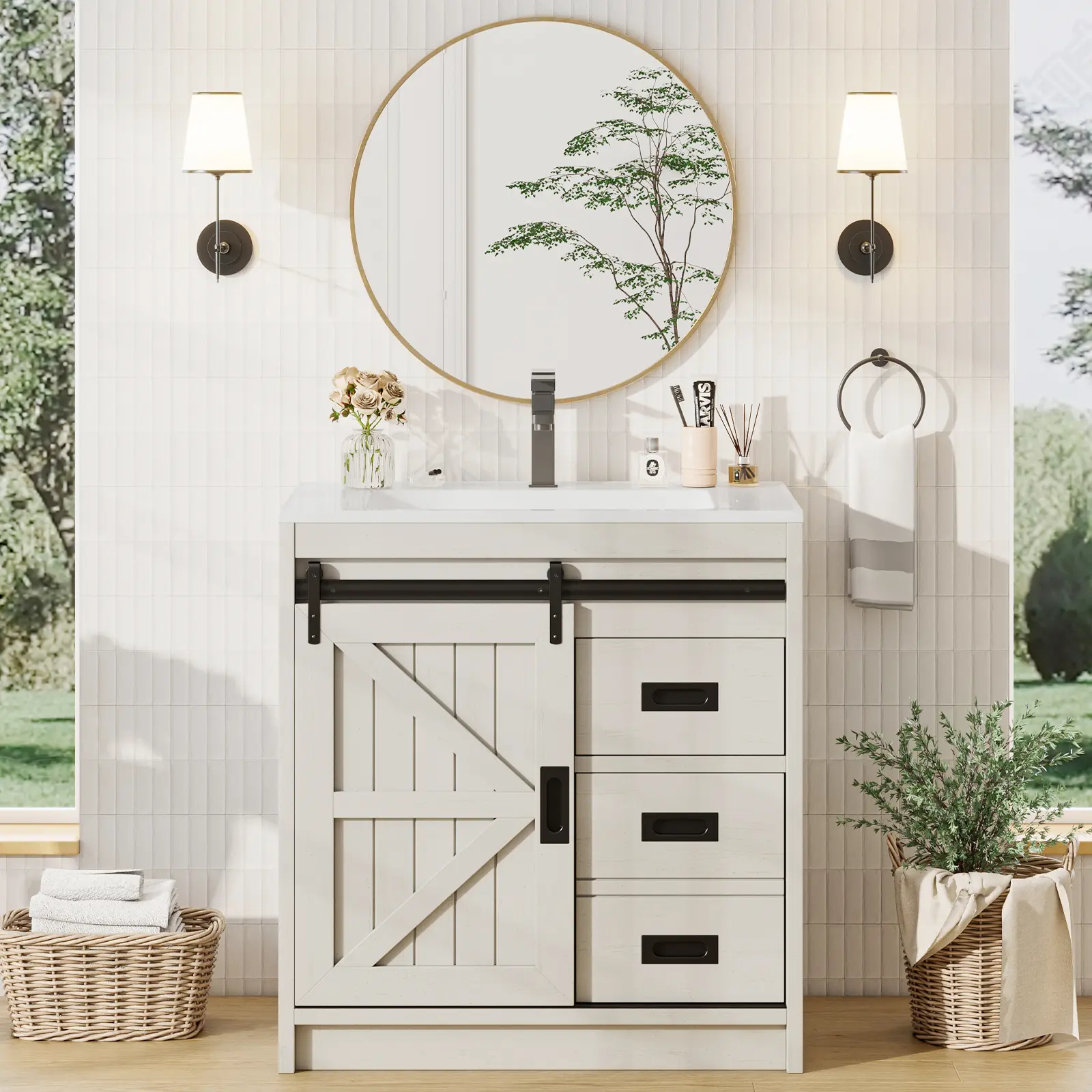 [Summerwins] [SummerFinds] AMERLIFE 31" Sliding Barn Door Bathroom Vanity with Sink, Farmhouse Small Single Bath Vanity/Best Gift Ideas/Christmas Gifts