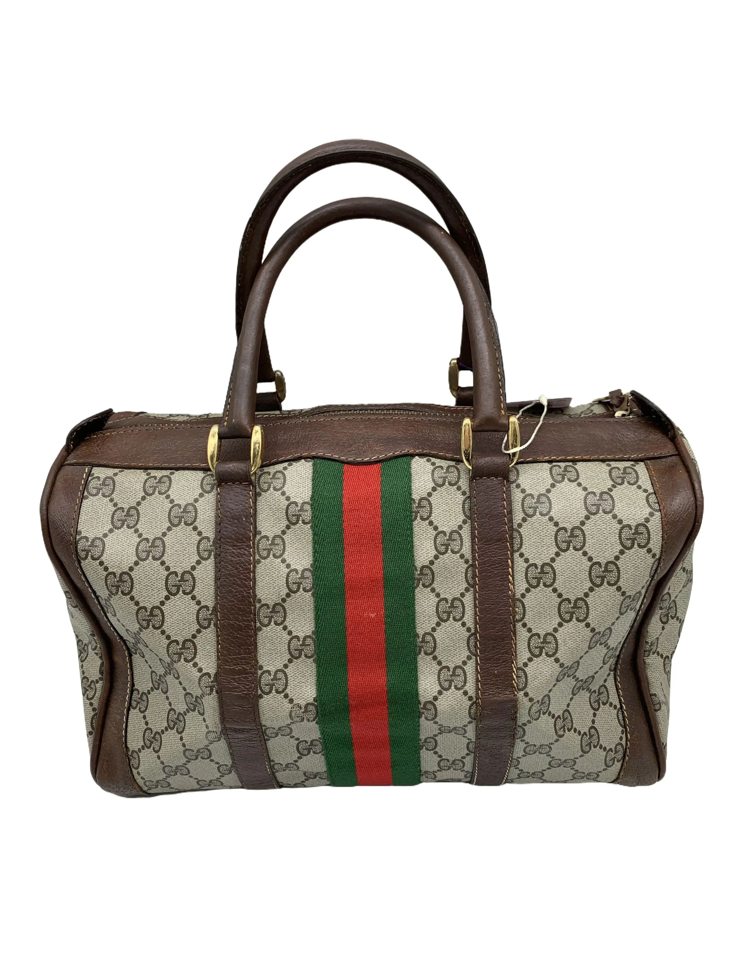 Pre-owned GUCCI Vintage GG Supreme Mini Boston Bag Dark Brown Leather Trim Classic Web Stripe/WJ10509034/9034