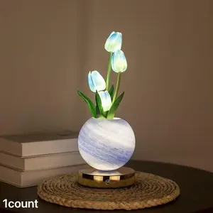LED Tulip Planet Night Light, USB Rechargeable, Three-Tone Dimmable, Bedroom Bedside Ambiance Lamp, Decorative Desktop Ornament