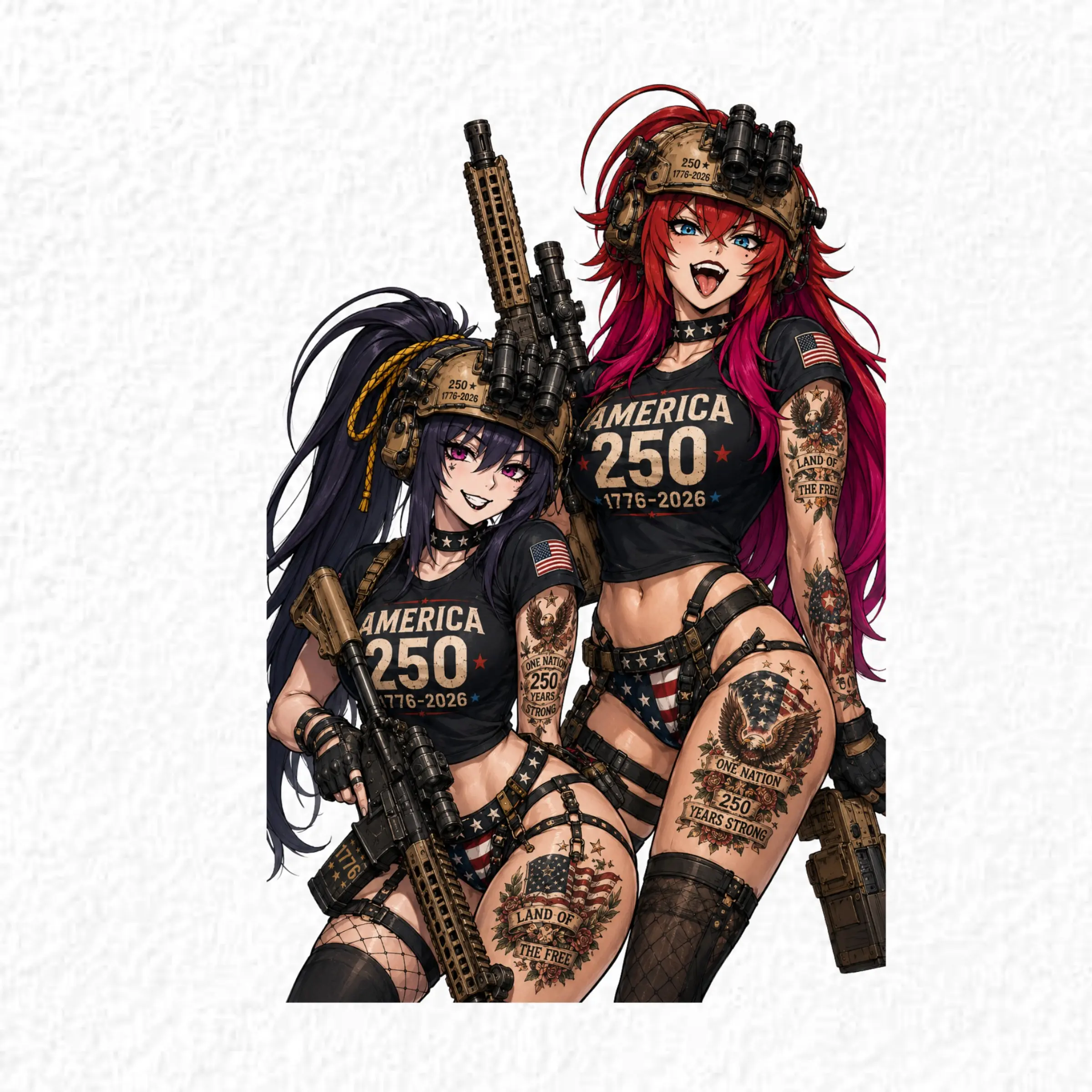 Rias x Akeno Patriotic Anime Tactical Sticker, 250 Years of American Freedom Decal, USA 1776–2026 Laptop Car Sticker