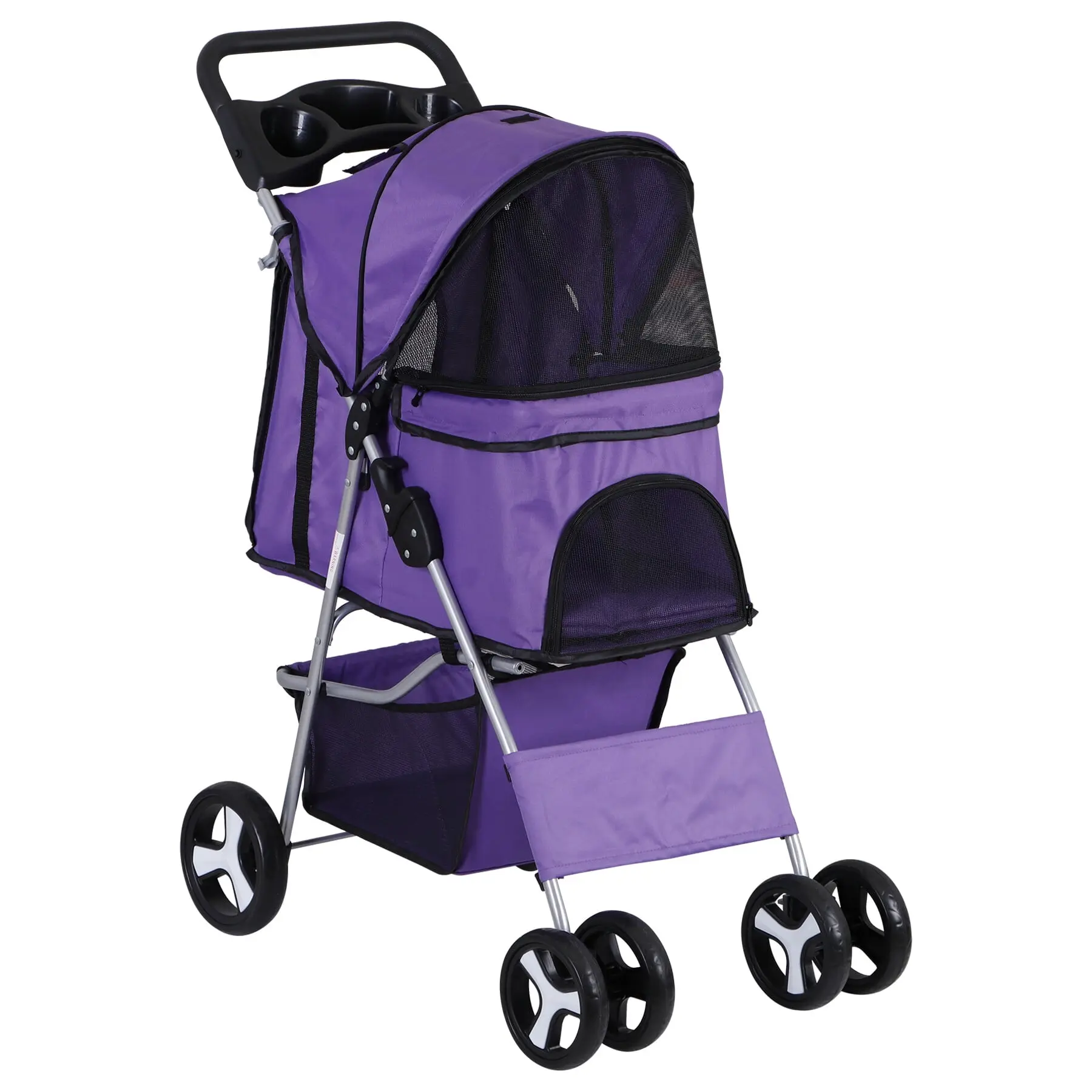 4-Wheel Foldable Weatherproof Pet Stroller with Oxford Cloth, Ventilation Mesh, Storage Basket, 4-Wheel Stability, Folds Easily, Purple Carrier Cart for Cats and Dogs
