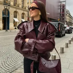 Women's Autumn and Winter Burgundy PU Leather Jacket Adjustable Cuffs Retro Motorcycle Jacket Red Womenswear Long Sleeve Open Front Blazer puffer jacket trench coat buttoned top women