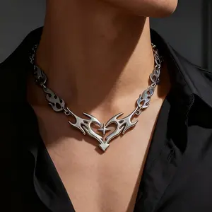 1pc Silvery Gothic Punk Cross Thorns Barbed Wire Flame Heart Shaped Necklace | Pendant Necklace, Suitable for Men, Ideal for Halloween, Party, and Holiday Gifts, Made of Zinc Alloy
