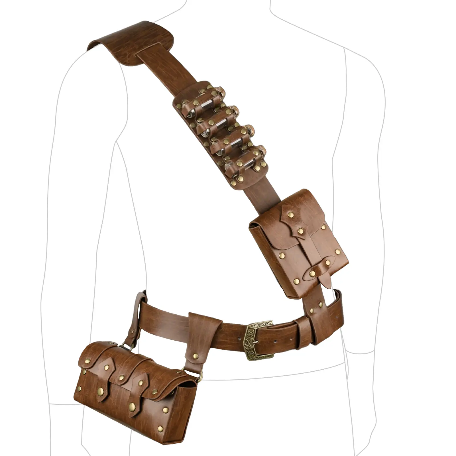 HiiFeuer 7-Piece Medieval Baldric Set, Retro Vintage PU Leather Belt Bag with Adjustable Straps for Halloween Renaissance Costume Cosplay, Brown, Small, Bronze Rivets, Brown A, Adjustable Fit, Classic, Soft, Rust‑Resist Metal, Variable Lengths