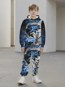 Deep Sea Hunting Fishing Boy Hoodie Set, Outdoor Lure Style Sweatshirt & Pants Two-Piece, Casual Slim-Fitting Spring & Fall