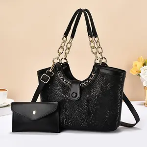 Stylish 2 Piece Mother-Daughter Bag Set - Black Sequined Duffle-Shaped Handbag with Sparkly Sequins & Detachable Wallet, Metal Chain Handle, 3-Way Carry, Casual Purse for Women, Perfect for Daily Outings, Shopping & Dates