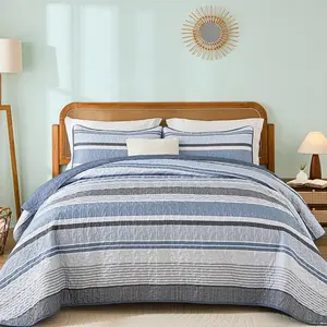 King Size Blue, 3 Pieces Boho Striped Bedspread Bedding for King Size Bed, Soft Lightweight Microfiber Bohemian Coverlet Set for All Season with 2 Pillowcases
