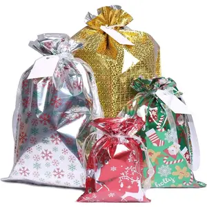 40Pcs Santa Wrapping Bag in 4 Sizes and 4 Designs with Inserted Drawstring Ribbons and Tags for Wrapping Holiday - Christmas Gift Bags Themed