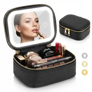 Small Makeup Bag Travel Train Case with Mirror and Light Mini Travel Make up for Women Train Case Cosmetic Organizer 3 Adjustable Brightness Toiletry Bag Portable Artist Storage