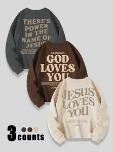 Jesus Loves You Text Print Knit Pullover Crewneck Long Sleeve Sweatshirt, Comfortable & Stylish Casual Wear, Easy to Pair with Any, Pack of 3