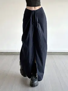 Elegant High-Waisted Pleated Midi Skirt, Knot Waist Detail, Front Split Design, Casual Dress