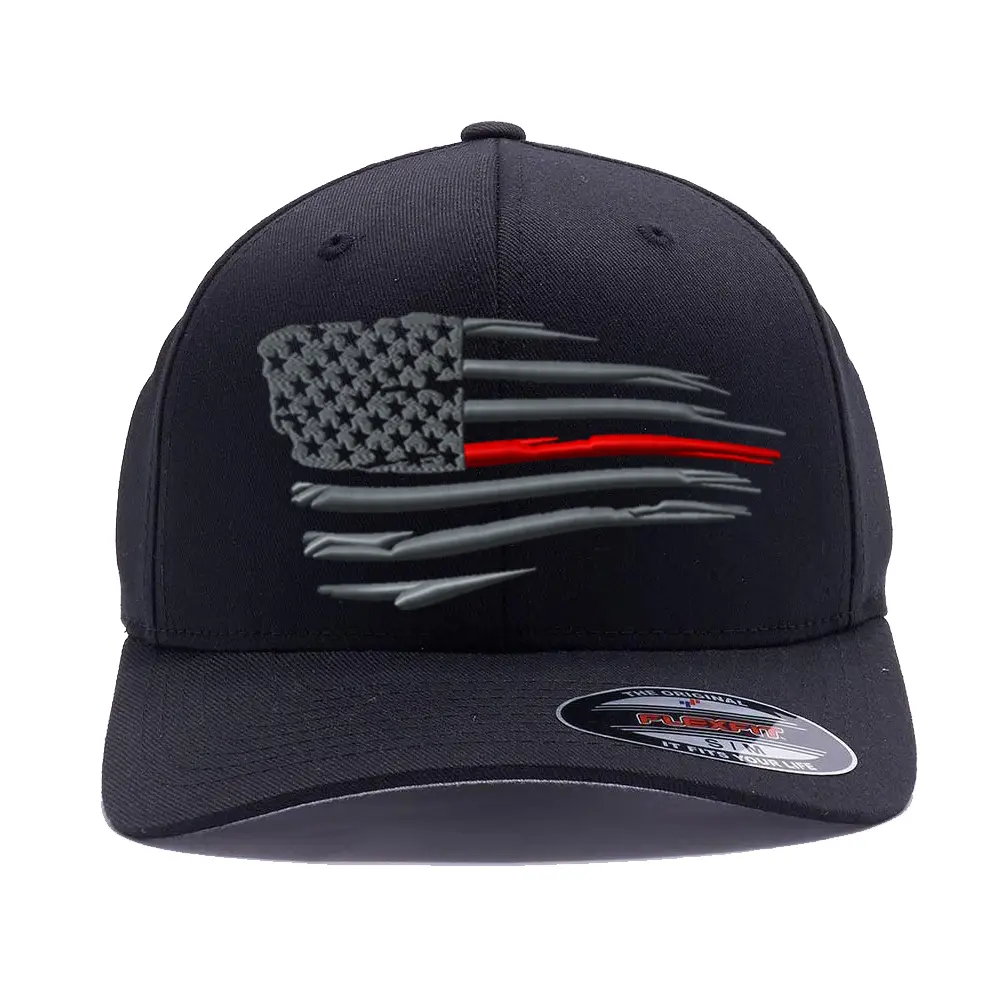 Thin Red Line Waving American Flag embroidered 6277 / 6477 Flexfit hat