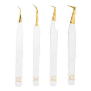 M LASH Tweezers for Eyelash Extensions - Professional Lash Extension Tweezers (Set of 4) - Fiber Tip, Japanese Steel, Diamond Grip (White)