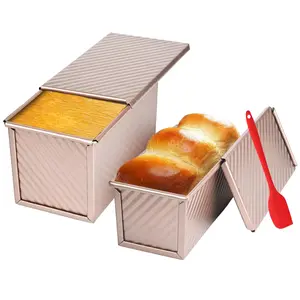 2 Pack Pullman Loaf Pan with Lid, 1 lb/0.5 lb Dough Capacity for Homemade Bread, Non-stick Corrugated Carbon Steel Bread Toast Box with Cover for Bakeware, Sandwich & Toast Oven Baking, Gold