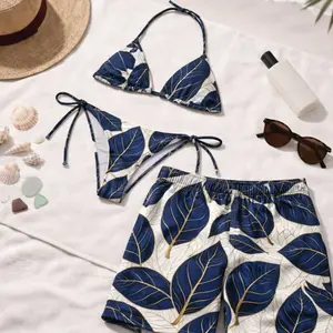 Tropical Leaf Couple Matching Swimsuit Set – Navy Blue Bikini Top Bottom & Board Shorts, Romantic Beachwear for Couples Honeymoon 3TG